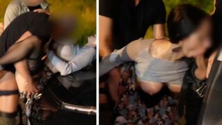 A woman has sex with three men in an amateur car park scene