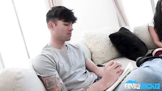 A brunette woman greedily sucks a cock, choking on her own saliva in HD