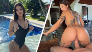 Girl sits on the bottom of the pool, her tight ass visible in bikini