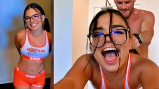 The guy grabs the hair of the Asian waitress and takes her to work