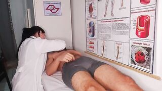The doctor conducts an oral examination with a fake hospital nurse