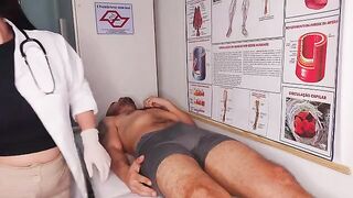 The doctor conducts an oral examination with a fake hospital nurse