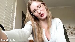A girl with glasses is giving you a blowjob instructions