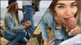 A blonde girl skillfully fucks with a man outdoors