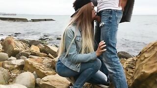 A blonde girl skillfully fucks with a man outdoors