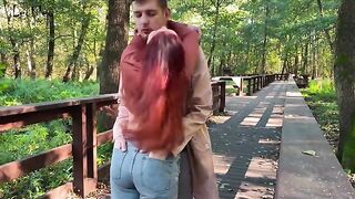 Couple enjoys outdoor anal play with a plug
