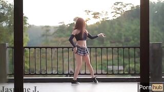 A cute girl, Jasmine J, plays with a machine that makes her pee and cum