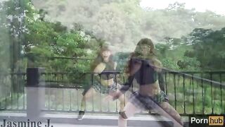 A cute girl, Jasmine J, plays with a machine that makes her pee and cum