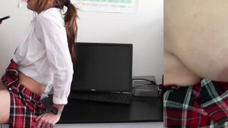A schoolgirl got caught jerking off by her teacher, who then fucked her