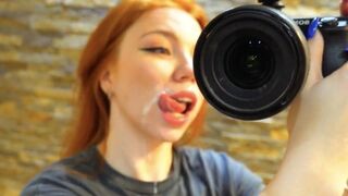 A red-haired Russian beauty gets her pussy railed and gives a sloppy blowjob
