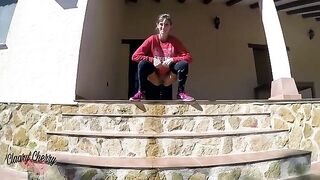 A pretty and sexy girl with a full bladder goes outside to pee - Megan Rain style